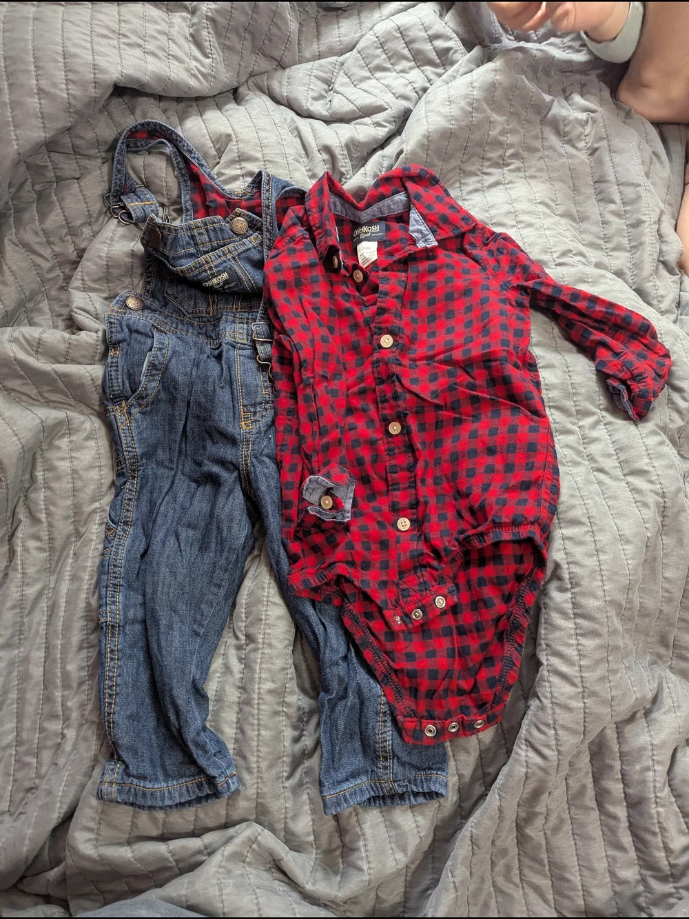 OshKosh B'gosh Red & Black Plaid Button-Up Onesie with Denim Overalls